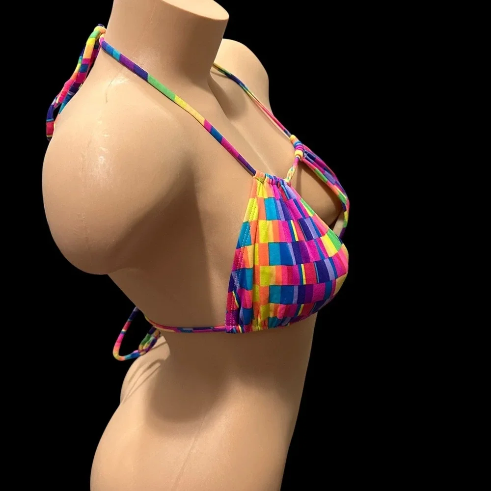 Y2K rainbow checker bikini top Sunset Beach size M Rave Festival‎